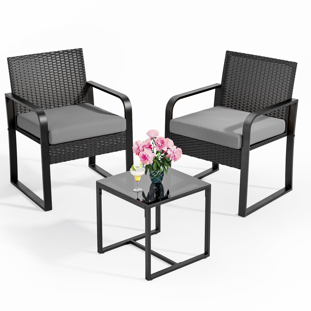 Xbro Tuinset – 3-delige Zitgroep met Rotan Stoel en Zitkussens, Weerbestendig en Ruimtebesparend – Outdoor loungeset – Balkonset voor Tuin, Terras en Zwembad – 60 x 50 x 80 cm – Grijs