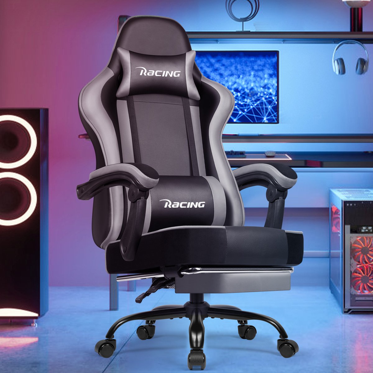 Elekiatech Gaming Stoel - Gamestoel mit 90°-170° Rugleuning - Gaming Chair met Inklapbare Voetensteun - Game Stoel met Zachte Armleuningen - Max. Draagvermogen 150 kg
