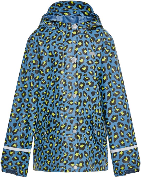 Lichtblauwe regenjas met panterprint in zwart en geel, drukknoopsluiting en reflecterende strepen.