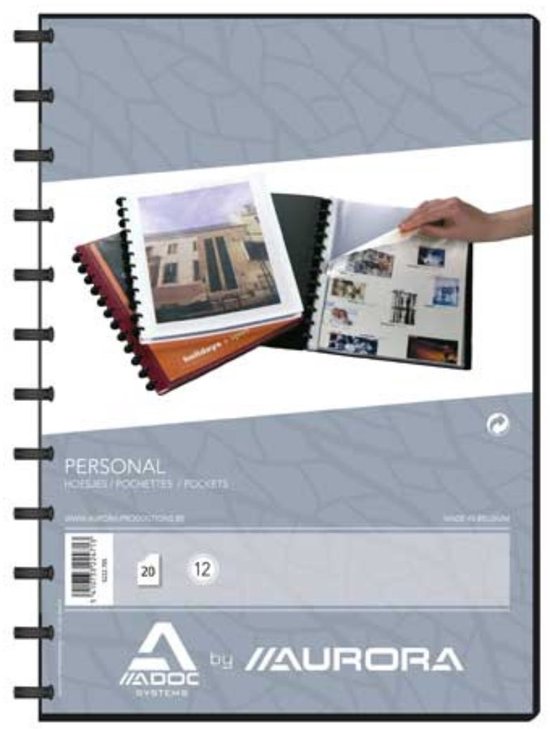 Presentatiemap A4 met 20 insteekhoezen, lichtgrijs met patronen, toont open map met foto's.