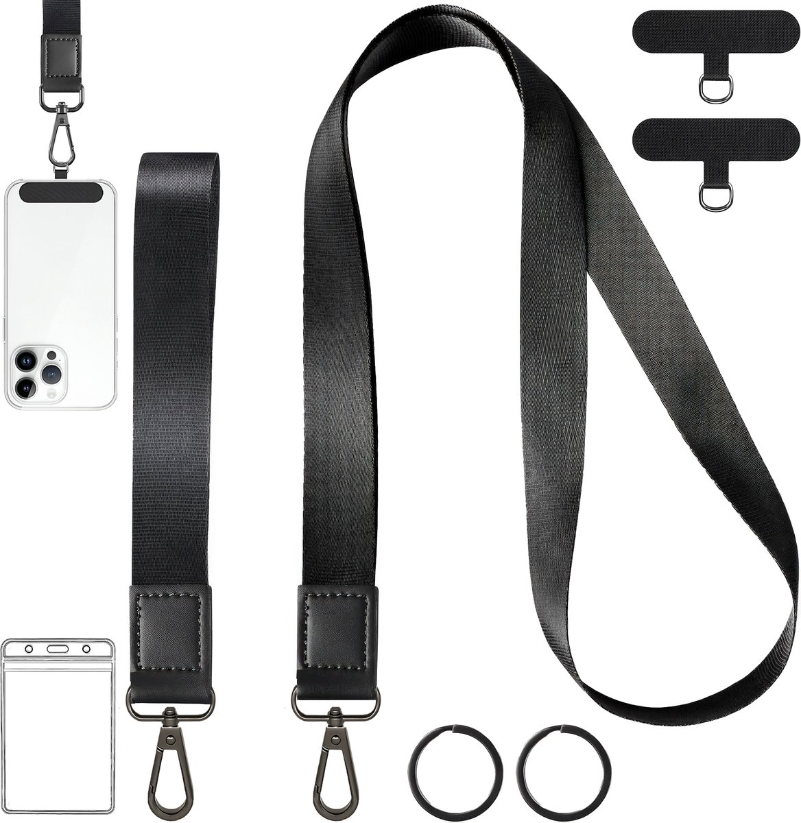 Nek & Pols Keycords - Universeel Telefoonkoord Set met Bevestigingsplaatjes, Badgehouder & Uittrekbare Sleutelhanger - Lanyard Keycord Strap - Sleutelkoord Telefoonketting - Telefoon Koord - Keykoord Pashouder- Phone Ketting/Cord - GSM Nekkoord Zwart