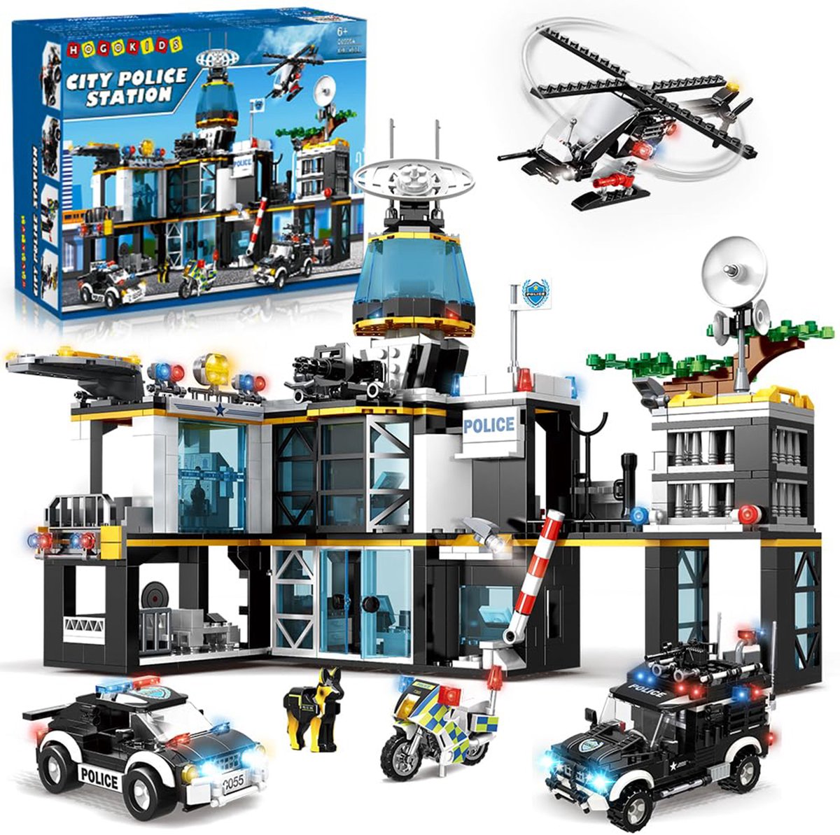 HOGOKIDS City Politiebureau Bouwpakket Sspeelgoed - 1261 Delen - Helikopter Motorfiets 2 Auto's Bouwstenen - STEM Educatief Speelgoedkist - Bouwset voor Kinderen Vanaf 8 Jaar