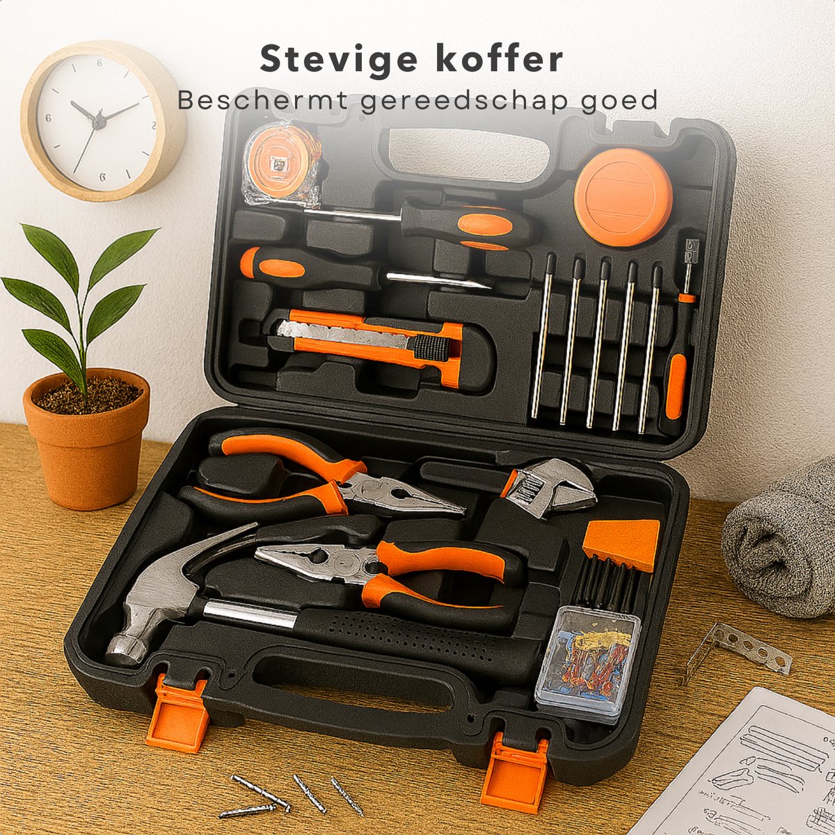 Cheqo® Gereedschapset Voor Beginners - 45-Delige Gereedschapset - Klauwhamer - Schroevendraaiers - Tangen - Imbussleutels - Multi-Schroevendraaiers - Afbreekmes - Rolbandmaat - Isolatietape - Spanningzoeker - Kunststof Opbergkoffer — cadeau in Gereedschap - foto 7