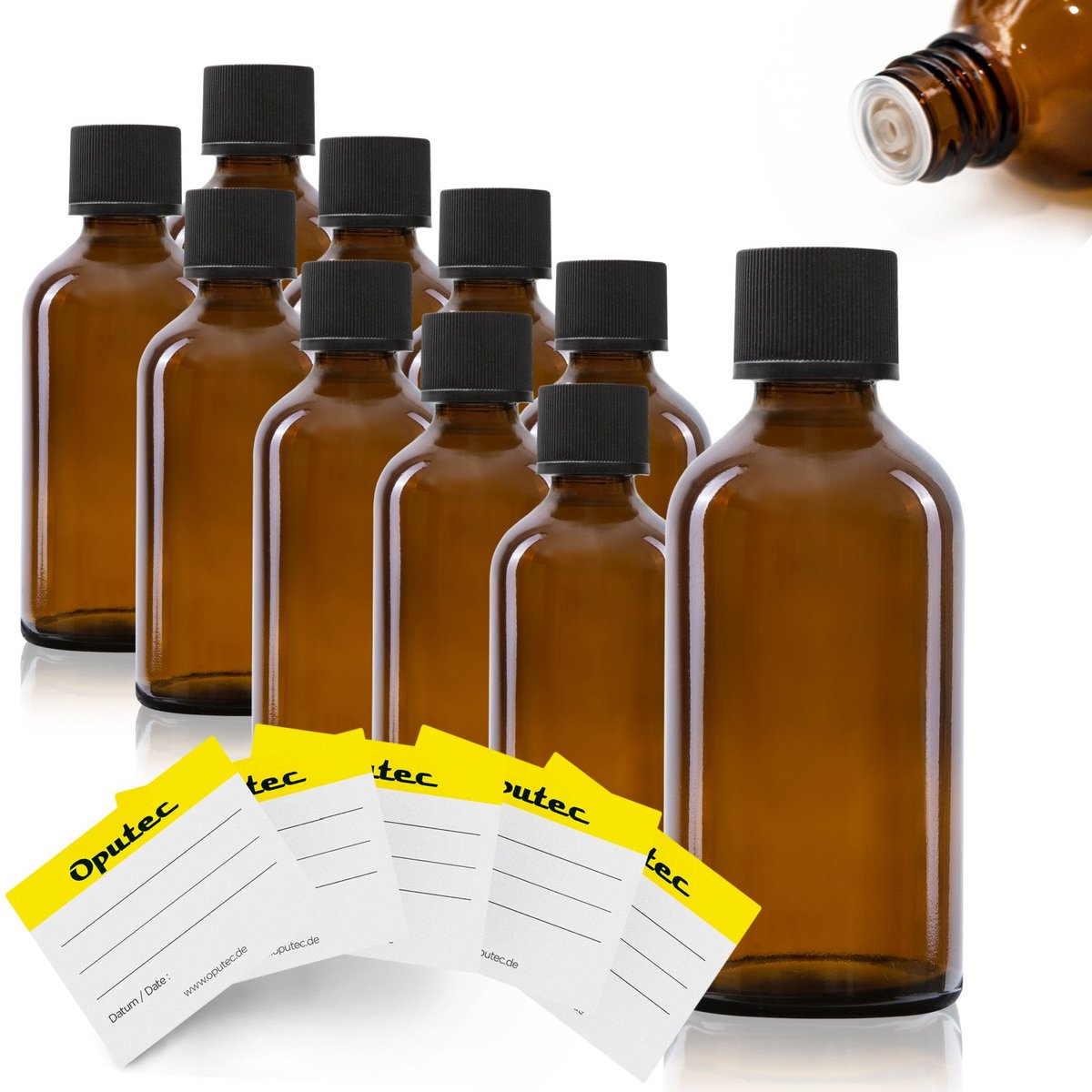 Oputec 10 x 50ml druppelflesjes – bruine apothekersflesjes met druppelinzet & etiketten – lekvrij & kindveilig