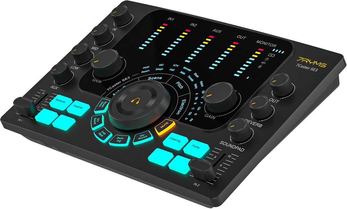 7RYMS 7CasterSE3 Mixer - Voor Podcast, Streaming, Gaming en Muziek - Met 2x XLR aansluiting - Oplaadbaar - Live monitoring via koptelefoon - Zwart
