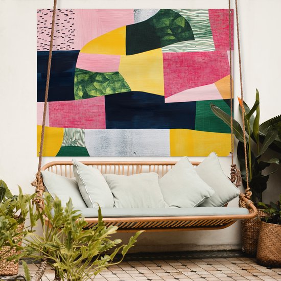 Affiche de jardin 160x120 cm - Décoration de jardin Abstrait - Rose - Patchs - Formes - Jaune - Affiche pour le jardin - Décoration extérieure - Tableau de jardin clôture - Décoration murale en tissu de jardin - Décoration murale en tissu de balcon