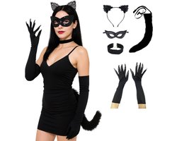 Joya Party® Cat Accessoires Set 5-delig | Kat vrouw | Verkleed Set Kat | Masker met Glitter | Kattenstaart | Handschoenen met Nagels | Kattenoren Haarband kant | Glitter Choker | Halloween en Carnaval Verkleedset Volwassenen & Kinderen