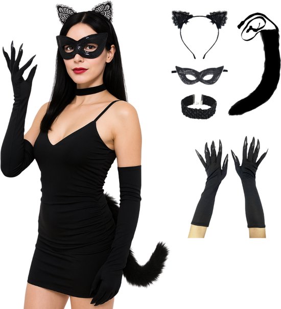 Joya Kids® Cat Accessoires Set 5-delig | Kat vrouw | Verkleed Set Kat | Masker met Glitter | Kattenstaart | Handschoenen met Nagels | Kattenoren Haarband kant | Glitter Choker | Halloween en Carnaval Verkleedset Volwassenen & Kinderen