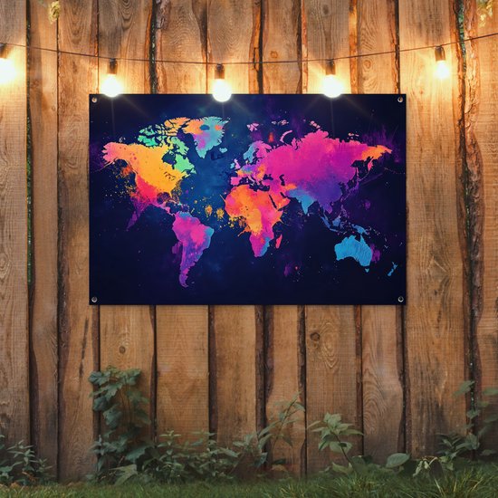 Tuinposter 120x80 cm - Tuindecoratie Wereldkaart - Kleurrijk - Graffiti - Poster voor in de tuin - Buiten decoratie - Schutting tuinschilderij - Tuindoek muurdecoratie - Wanddecoratie balkondoek