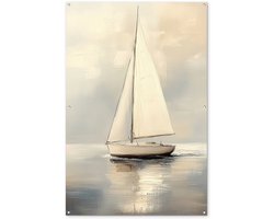 Tuinposter 120x180 cm - Tuindecoratie Zeilschip - Zee - Bewolkt - Poster voor in de tuin - Buiten decoratie - Schutting tuinschilderij - Tuindoek muurdecoratie - Wanddecoratie balkondoek