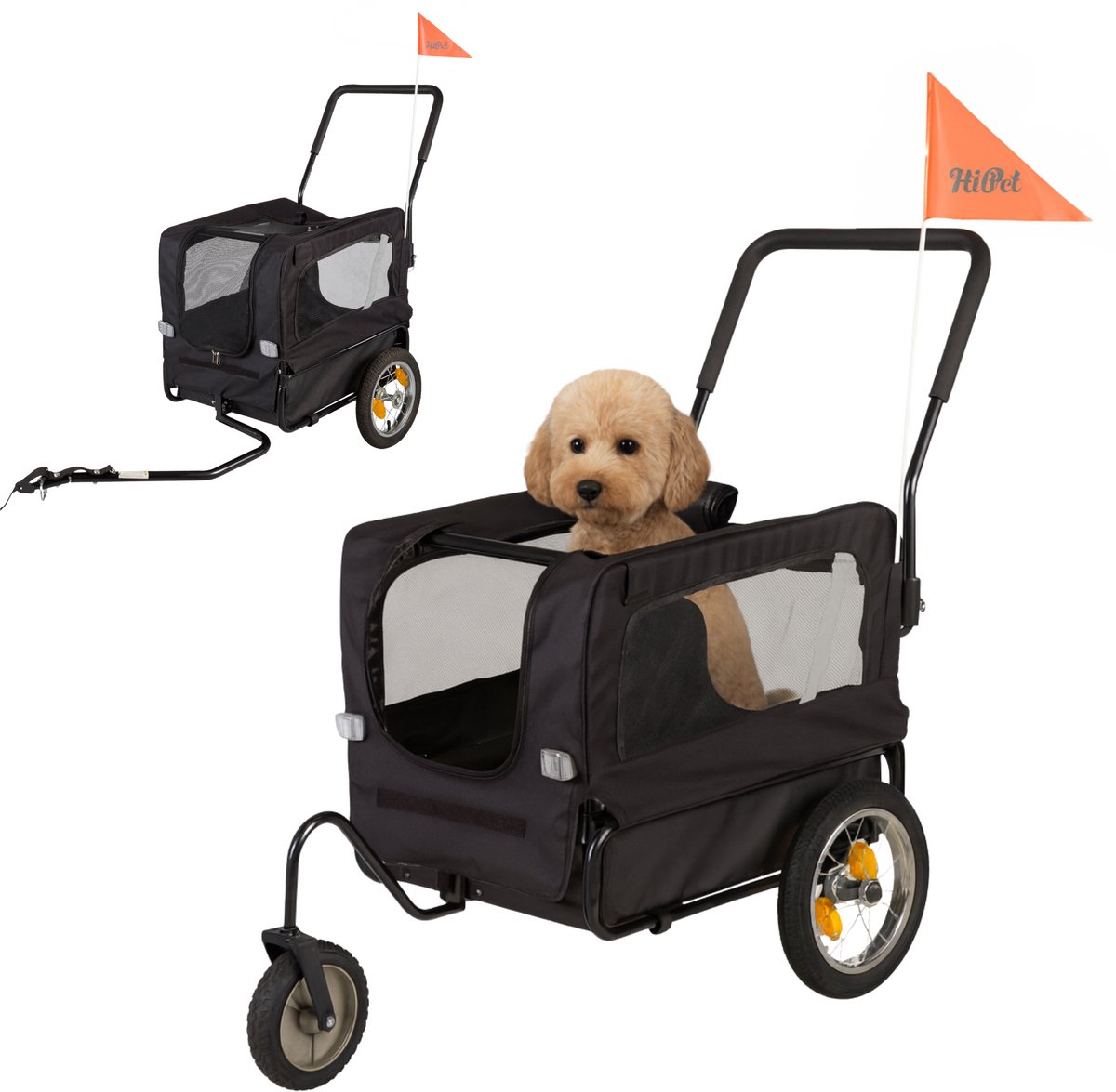 Bol.com HiPet® Hondenfietskar / Hondenkar Opvouwbaar - Zwart/Grijs - Maat M - Max. 20 kg - Met Reflectoren & Vlag - Geschikt voo... aanbieding