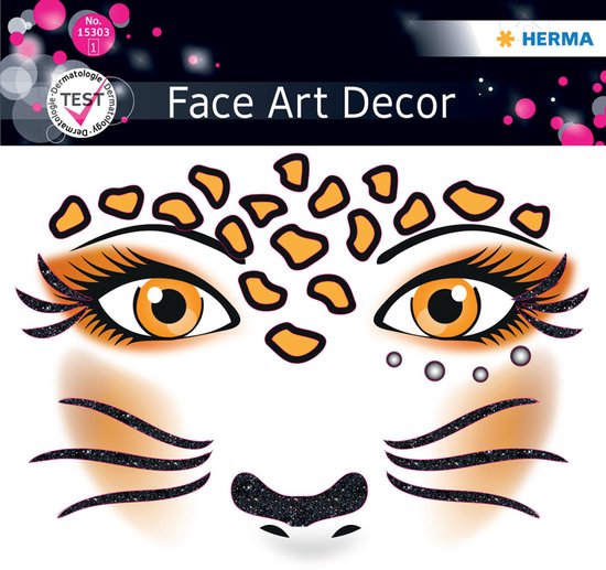 Gezichtsdecoratie met oranje ogen, luipaardvlekken, tijgerstrepen en glitter. Tekst: Face Art Decor.