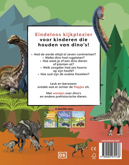 Boek met illustraties van dinosaurussen, waaronder een Tyrannosaurus Rex en een Triceratops.