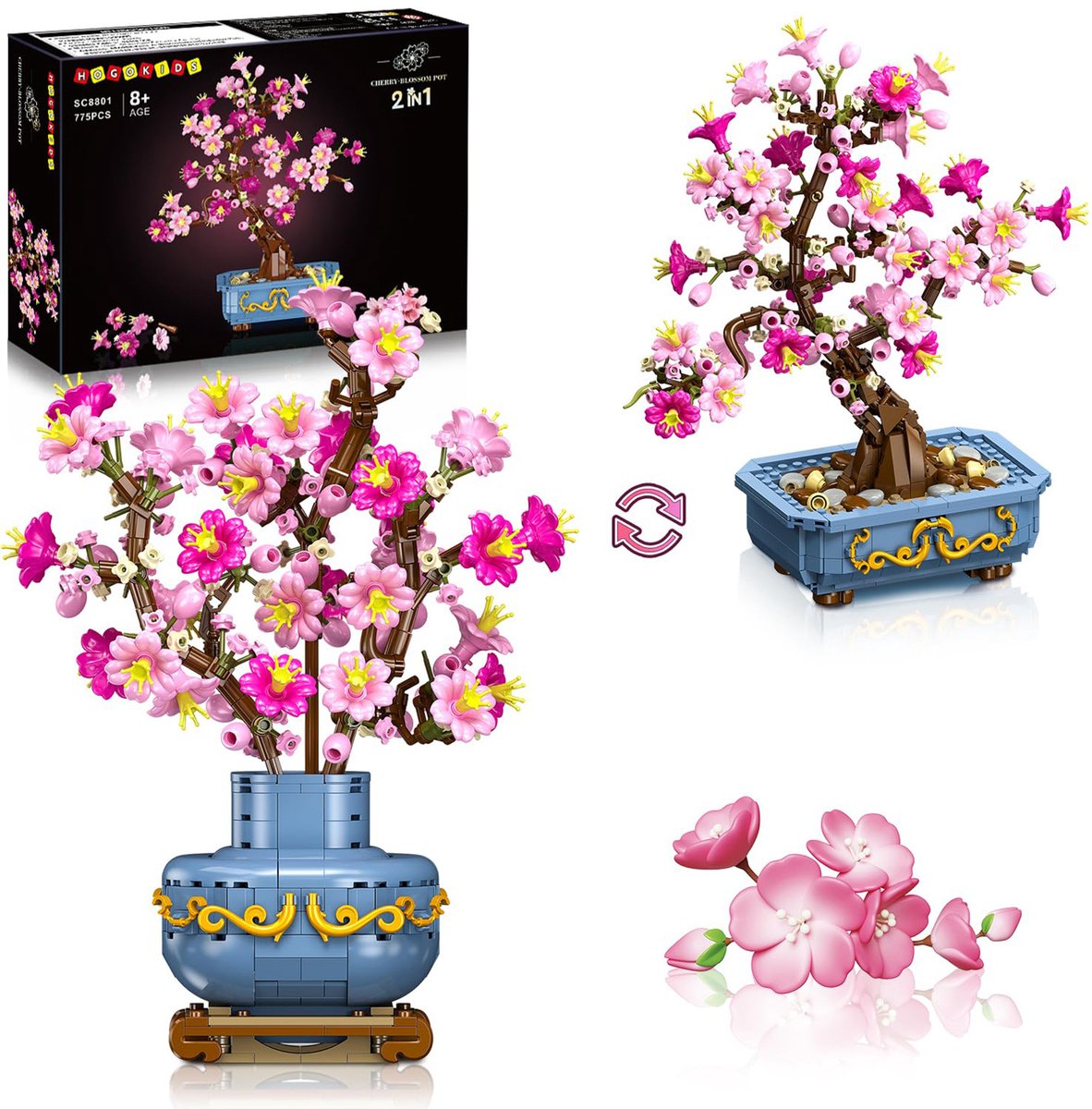 HOGOKIDS Bloemen Kersenbloesem Bonsai Bouwpakket - Botanical Flowers 775 Delen - 2 in 1 Kunstmatige Bonsai Boom Planten - Bouw Speelgoed Voor Volwassenen Tieners
