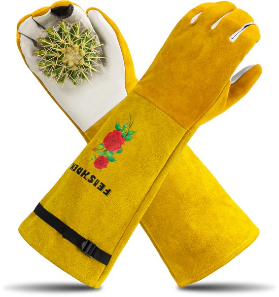 SLARMOR Leren tuinhandschoenen voor dames en heren, doornbescherming voor het snijden van rozen met onderarmbescherming, lange rundlederen handschoenen voor tuin en huishoudelijk werk, maat L, geel
