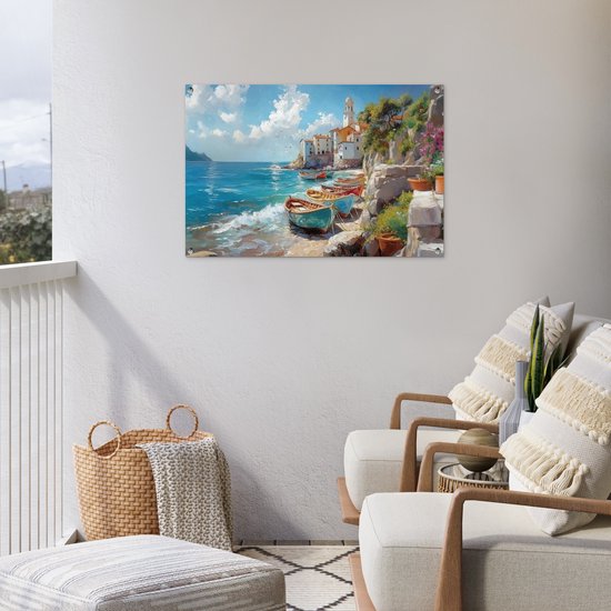 Tuinposter 90x60 cm - Tuindecoratie Boten - Rotsen - Zee - Zon - Poster voor in de tuin - Buiten decoratie - Schutting tuinschilderij - Tuindoek muurdecoratie - Wanddecoratie balkondoek