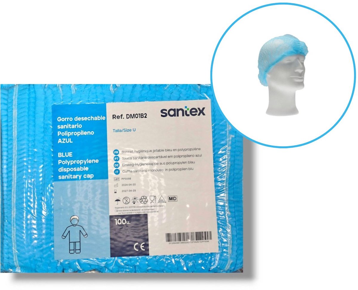 Santex Wegwerp haarnetje Blauw – Non-Woven Polypropyleen Clip Cap – Met Dubbele Elastiek – One Size – 100 Stuks