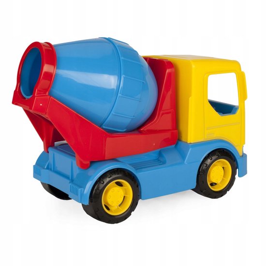 Een felgekleurde cementmixer speelgoed vrachtwagen, met een blauwe trommel, rode steunen en een gele cabine.