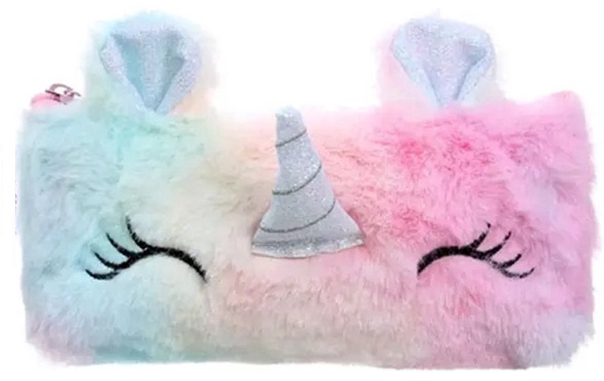 Unicorn Etui Meisjes – Fluffy Pluche Pennenzak Roze Regenboog Multicolor – Eenhoorn School Etui met Rits – 20x14 cm