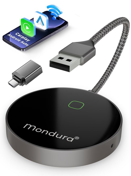 Mondura Glass Pro 2-in-1 Carplay Dongle Draadloos Apple Carplay Android Auto USB USB-C Zwart