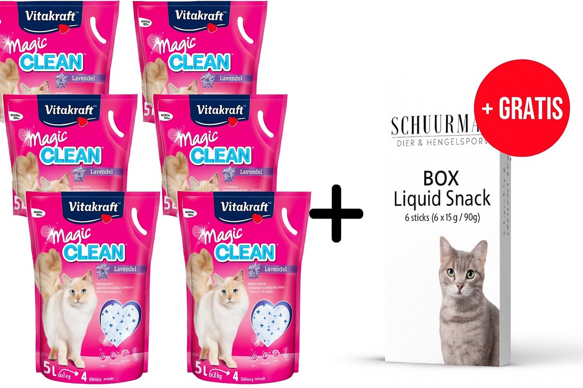 Vitakraft Magic Clean Lavendel - Kattenbakvulling - 6 x 5 l + Gratis Schuurman Liquid Snacks