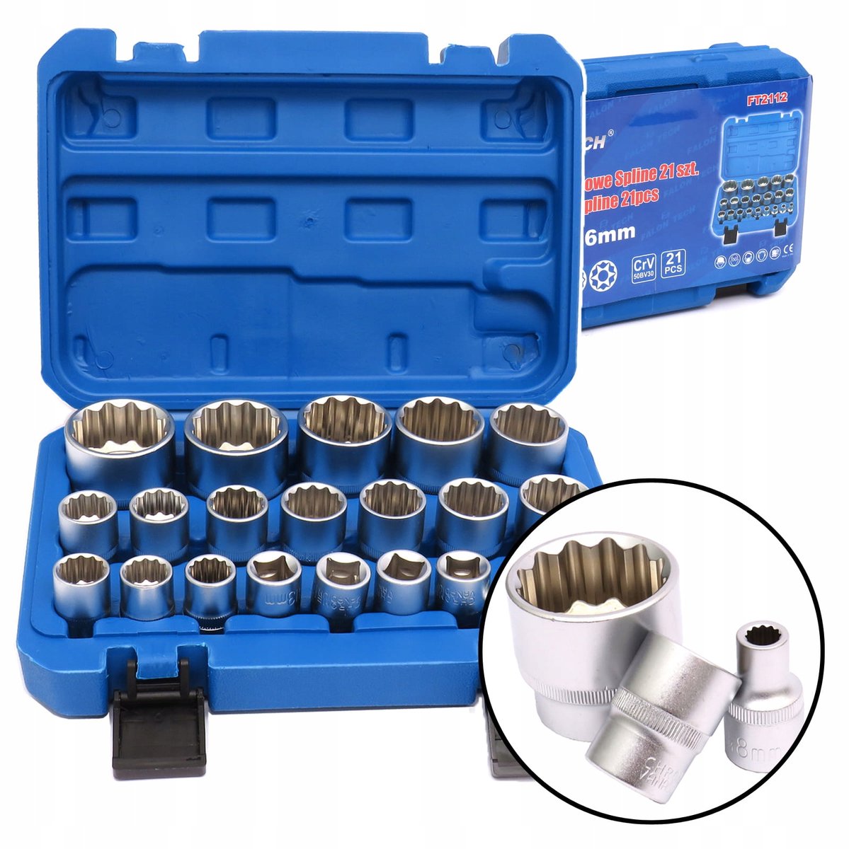 Falon-Tech 21-delige 1/2" Spline 12-punts DOP-sleutelset CRV