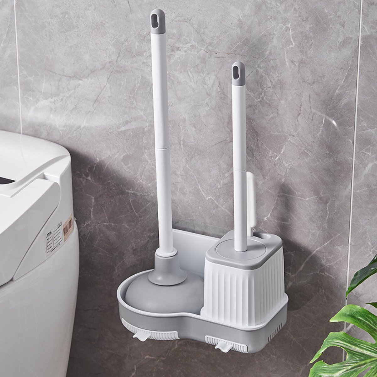 CHIWIN Toiletborstel en Ontstopper Set 3-in-1 - Siliconen Toiletborstel met Houder - Zuignap Ontstopper & Nauw Borstel - Vrijstaand of Muurbevestiging - Ventilerend Design - Grijs