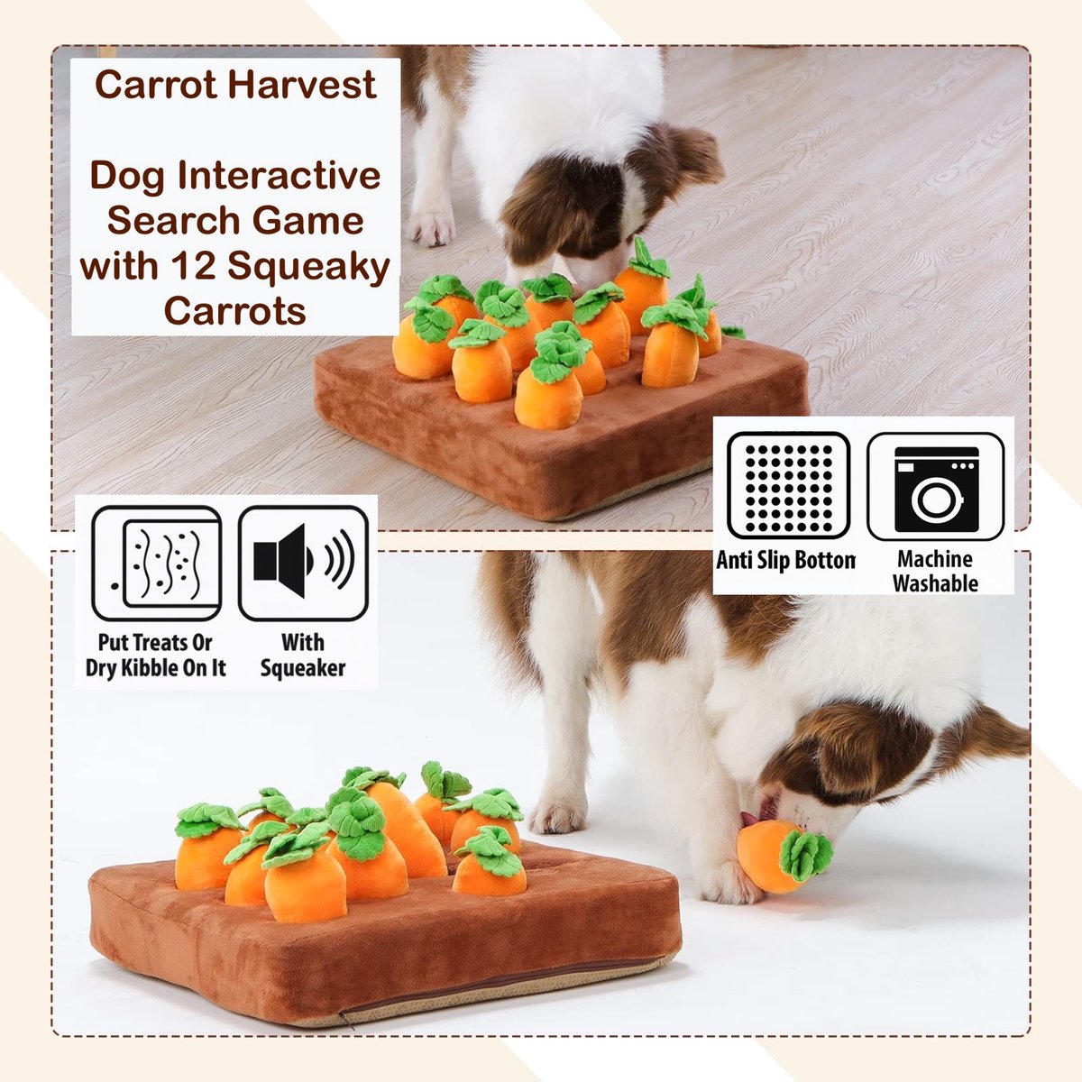 Dog Interactive Search Game (Carrot Harvest) - with 12 Squeaky Carrots / Snuffle Mat Sniff Mat / Plush Squeaky Toy / Machine Washable / Hide Treats / Nose Work Feed Game / Educational Fun Gift for Dogs/ Natural Search Instincts / Hersenwerk Hond