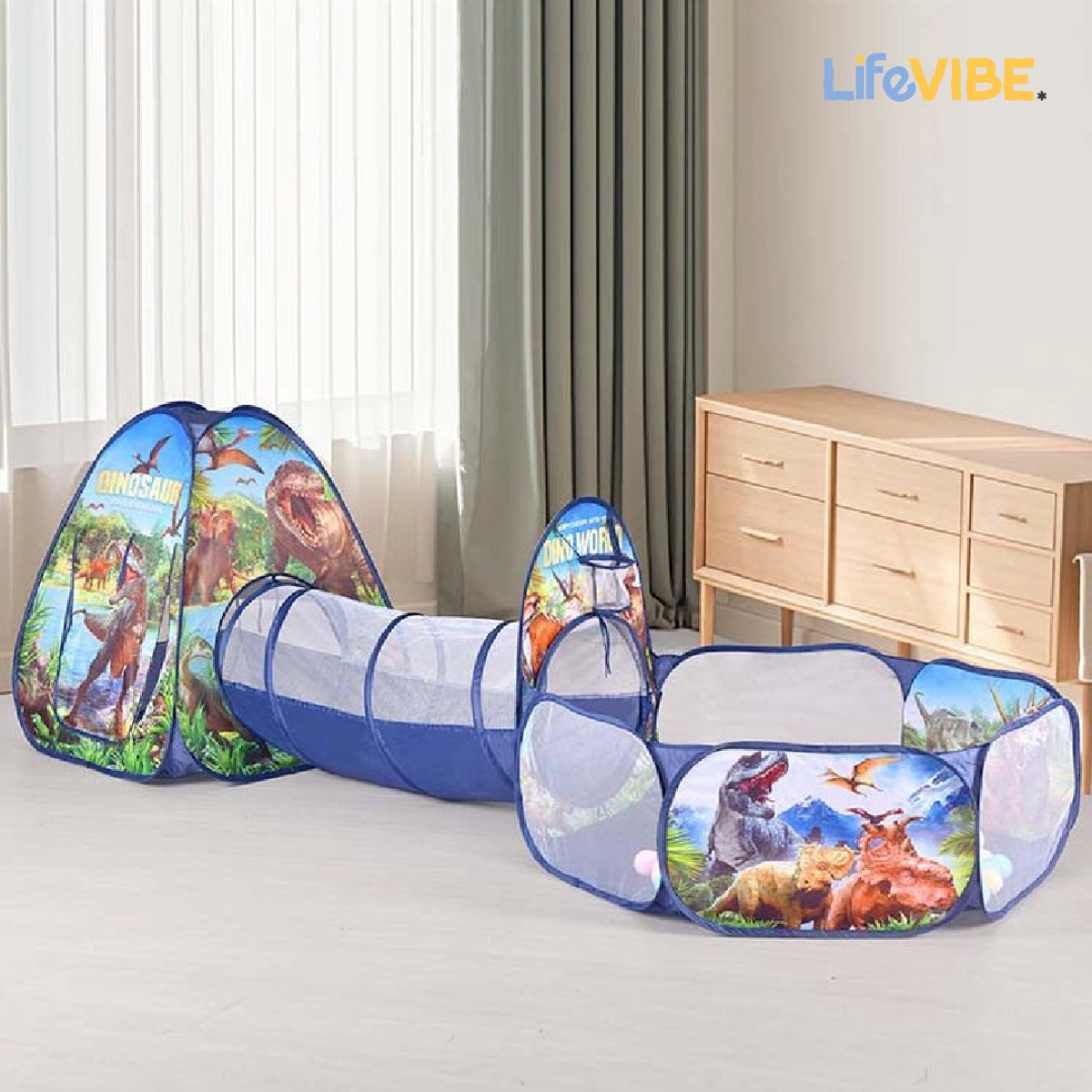 LifeVibe® Speeltent met Tunnel Dinosaurus Thema - Kruiptunnel - Kindertent - Binnen en Buiten - Pop Up Tent - Dino — afbeelding 3