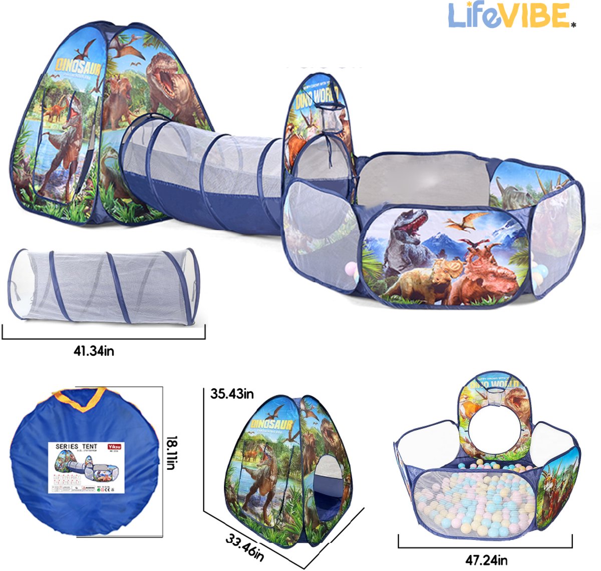 LifeVibe® Speeltent met Tunnel Dinosaurus Thema - Kruiptunnel - Kindertent - Binnen en Buiten - Pop Up Tent - Dino — afbeelding 4
