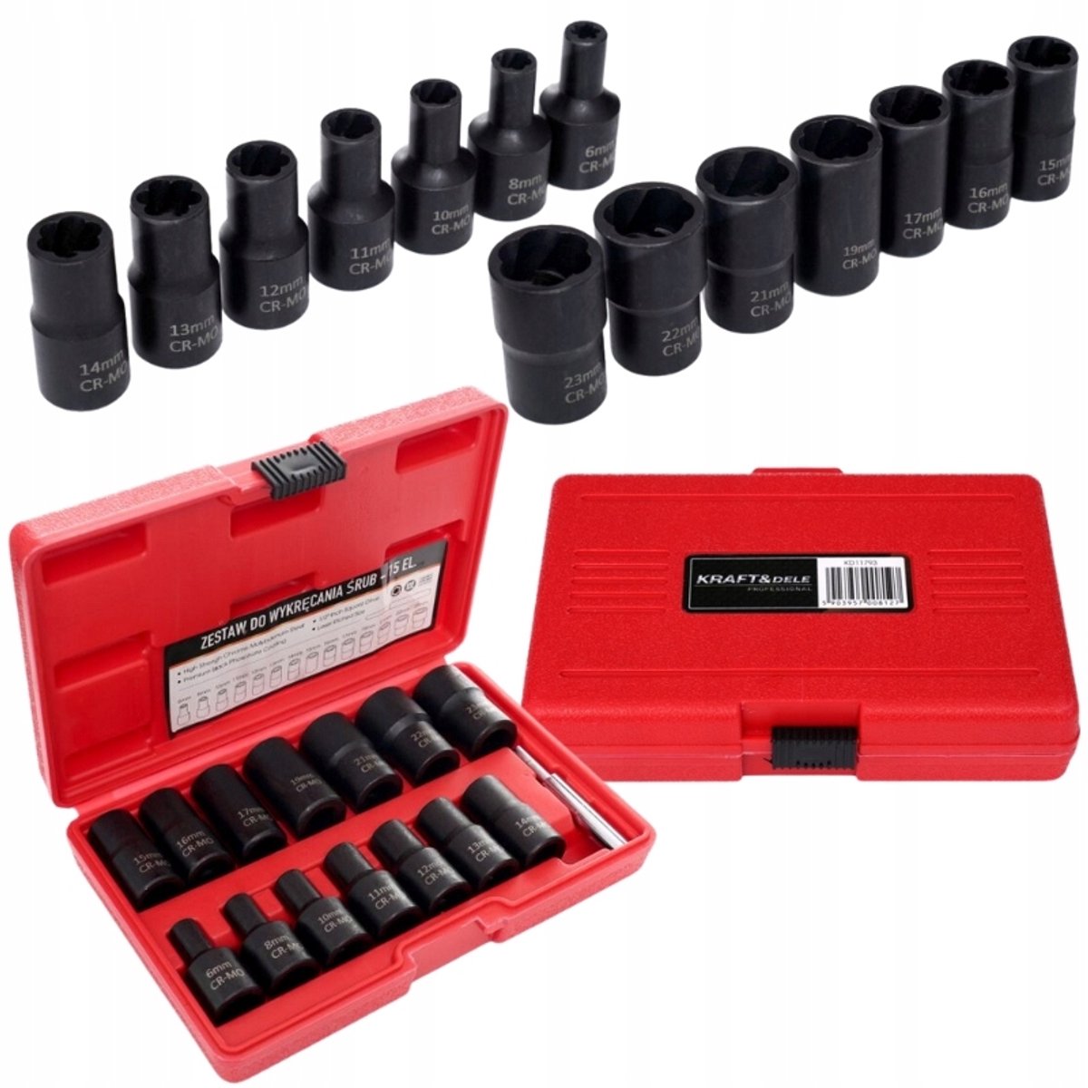 Dopsleutelset voor beschadigde schroeven 1/2" 6-23mm, 15-delig