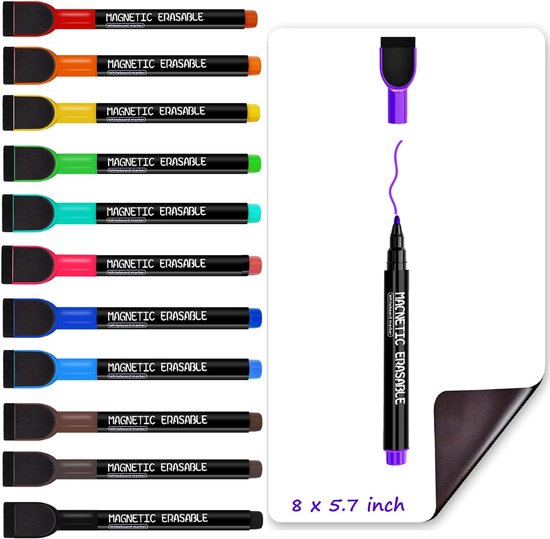 Whiteboard Markers - Magnetische Fijne Tip - 12 Kleuren Met Wisdop - Voor Whiteboard, Koelkast en Kalender - Laag Geur - Voor Kinderen en Leerkrachten - Multicolor - 12 Stuks