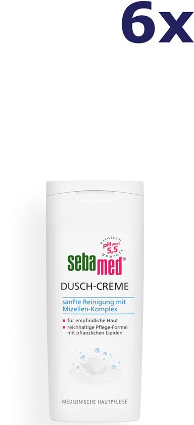 6x Sebamed douchecrème, witte fles met rode en groene tekst. Voor de gevoelige huid.