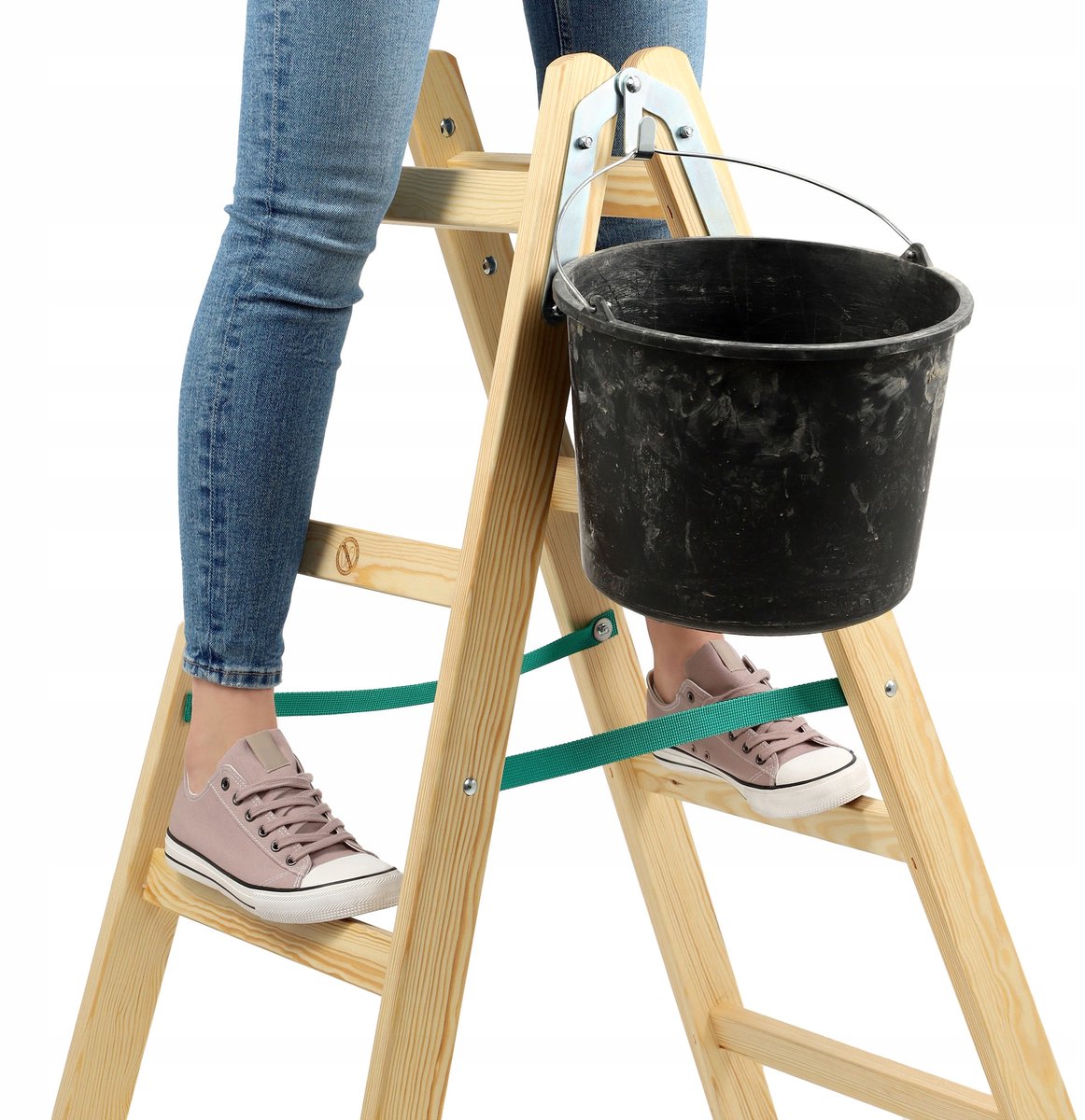 KADAX Houten ladder, bokladder tot 150 kg, opvouwbare schilderladder, dubbele trap ladder met stalen haken, elektricienieladder, staande ladder, huishoudladder (5 treden) – foto 3