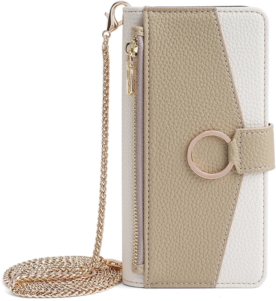 Modieuze Wallet Case – Geschikt voor Apple iPhone 15 Pro Max – Luxe Telefoonhoesje met Polsband en Schouderkoord - Wit