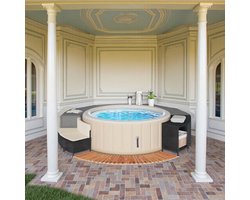 Luxe Whirlpool Badkuip Surround – Acaciahout & Weerbestendig Poly Rattan – Inclusief Opbergruimte, Bank & Trap – Geschikt voor Jacuzzi & Spa Buiten – Zwart – Yesdeals