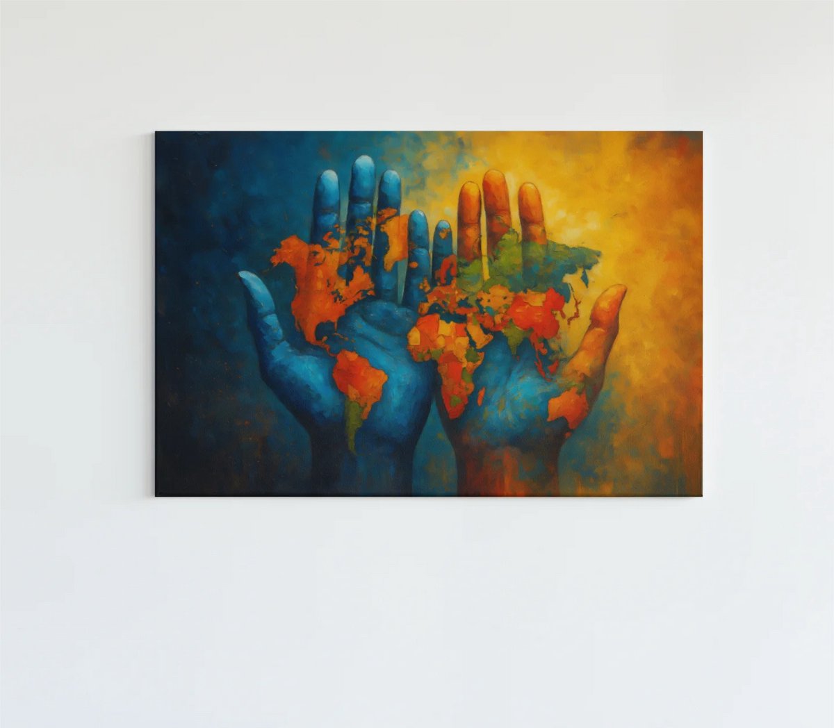 Trendex Global Canvas Schilderij - Wereldkaart op Handen - 90x60x2 cm Blauw