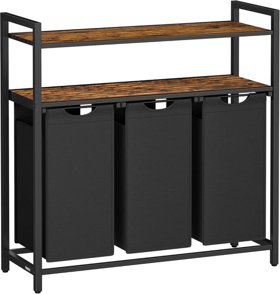 VASAGLE Wasmand 3 Compartimenten, Wasmand Met 2 Planken Waszak Uitschuifbaar En Afneembaar 40 Liter Per Zak Voor Badkamer Wasruimte Vintage Bruin Zwart Blh213b01