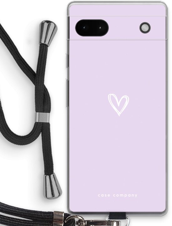Paars telefoonhoesje met klein wit hartje en zwart koord, voor Google Pixel 6a.