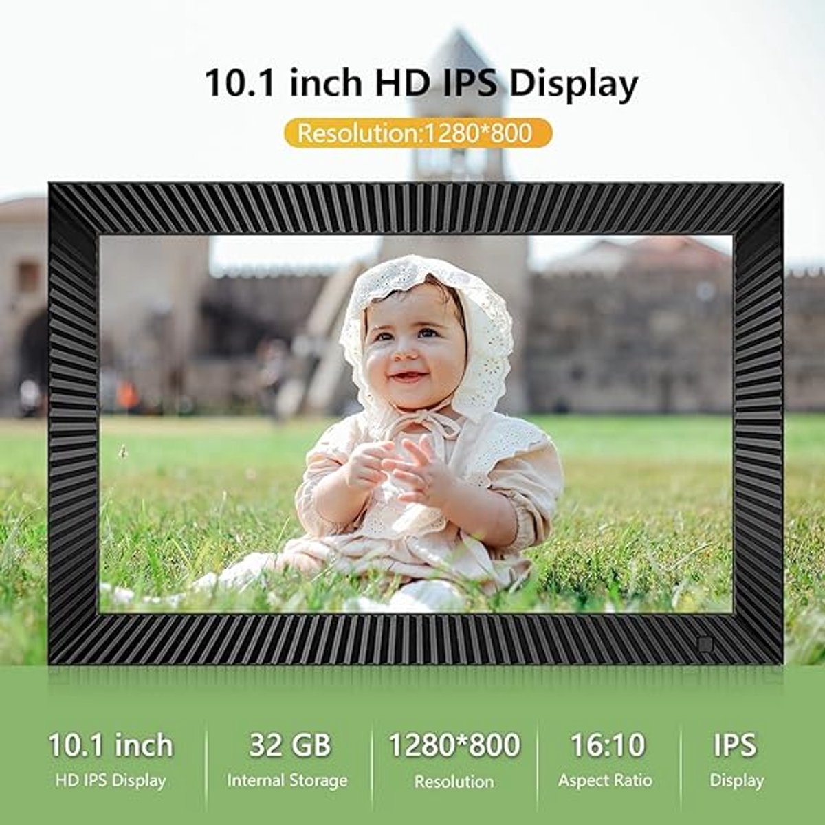 Digitale fotolijst, wifi, 10,1 inch, digitale fotolijst, bewegingssensor, auto-rotatie, ingebouwd 32 GB geheugen, 1280 x 800 touchscreen, deel momenten direct via Frameo-app
