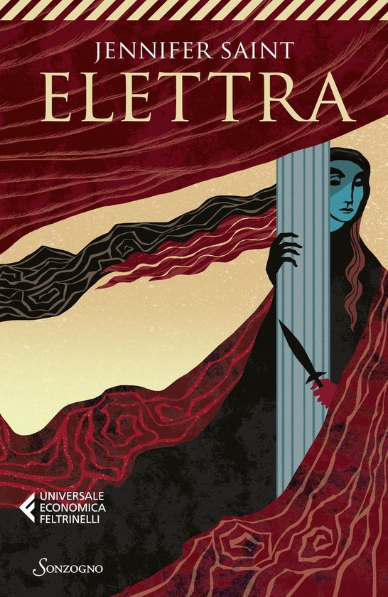 Couverture du livre 'Elettra' par Jennifer Saint. Une figure au visage bleu et bandeau noir derrière une colonne, drapée dans des étoffes rouges et noires.