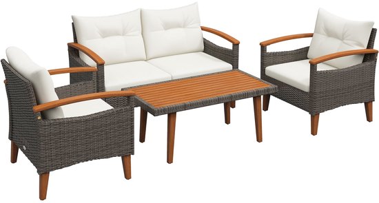 Set de salon de jardin 4 pièces – mobilier de jardin – canapé de Garden – coin salon extérieur – ensemble de terrasse – rotin PE résistant aux intempéries – table basse en bois d'acacia