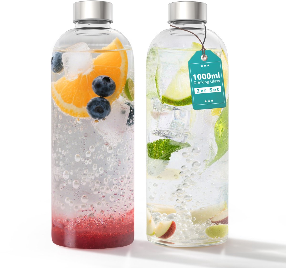 NAIZY Glazen Fles met roestvrijstalen deksel 1000ml drinkfles van glas met reinigingsborstel glazen drinkfles luchtdicht lekvrij waterfles glas voor warme en koude dranken, 2 stuks