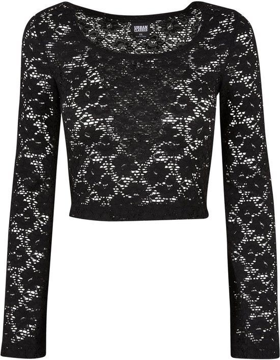Zwarte cropped longsleeve top met lange mouwen en bloemenkant.