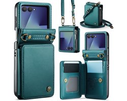 CaseMe Geschikt voor Samsung Galaxy Z Flip 7 PU Leren Backcover hoesje met kaarthouder - Turquoise