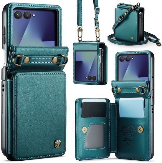 CaseMe Geschikt voor Samsung Galaxy Z Flip 7 PU Leren Backcover hoesje met kaarthouder - Turquoise