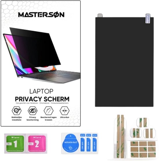 Mastersøn privacy scherm voor laptop. Toont een laptop met filter, het filter apart en accessoires.