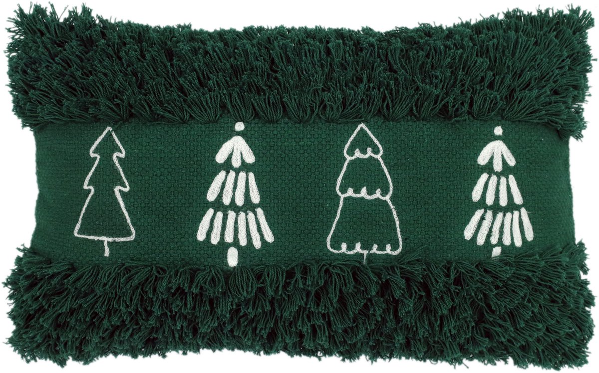 Urbane Hide | 30x50 cm Kussenhoes | Kussenhoezen | Kussenhoesjes | Bomen met franjes Design | Katoen & Acryl | Donkergroen & Wit | Zonder Binnenkussen
