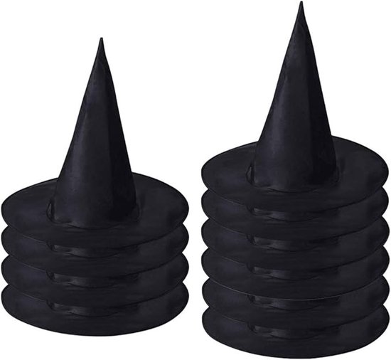10 Zwarte Heksenhoeden - Halloween Feesthoeden - Zwarte Puntige Tovenaarshoeden - Cosplay Feesthoeden - Kinderkostuum Accessoire - Zwart - One Size