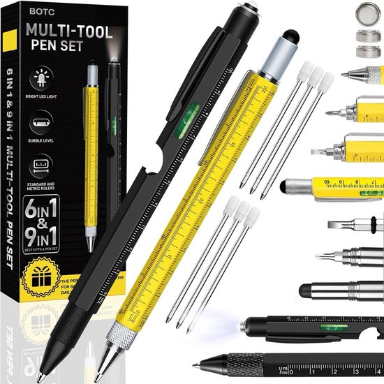 Stylo à bille multifonction BOTC - 9en1 - Gadgets techniques - Stylo Gadget - Règle - Lampe LED - Ouvreur
